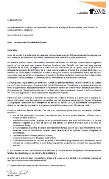 Lettre sur la question de la formation des infirmières et infirmiers