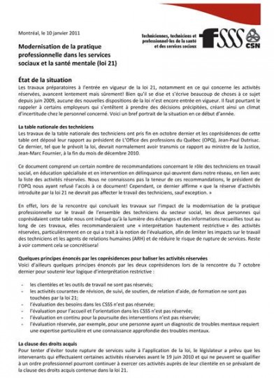 Bulletin FSSS sur la modernisation de la pratique professionnelle, janvier 2011